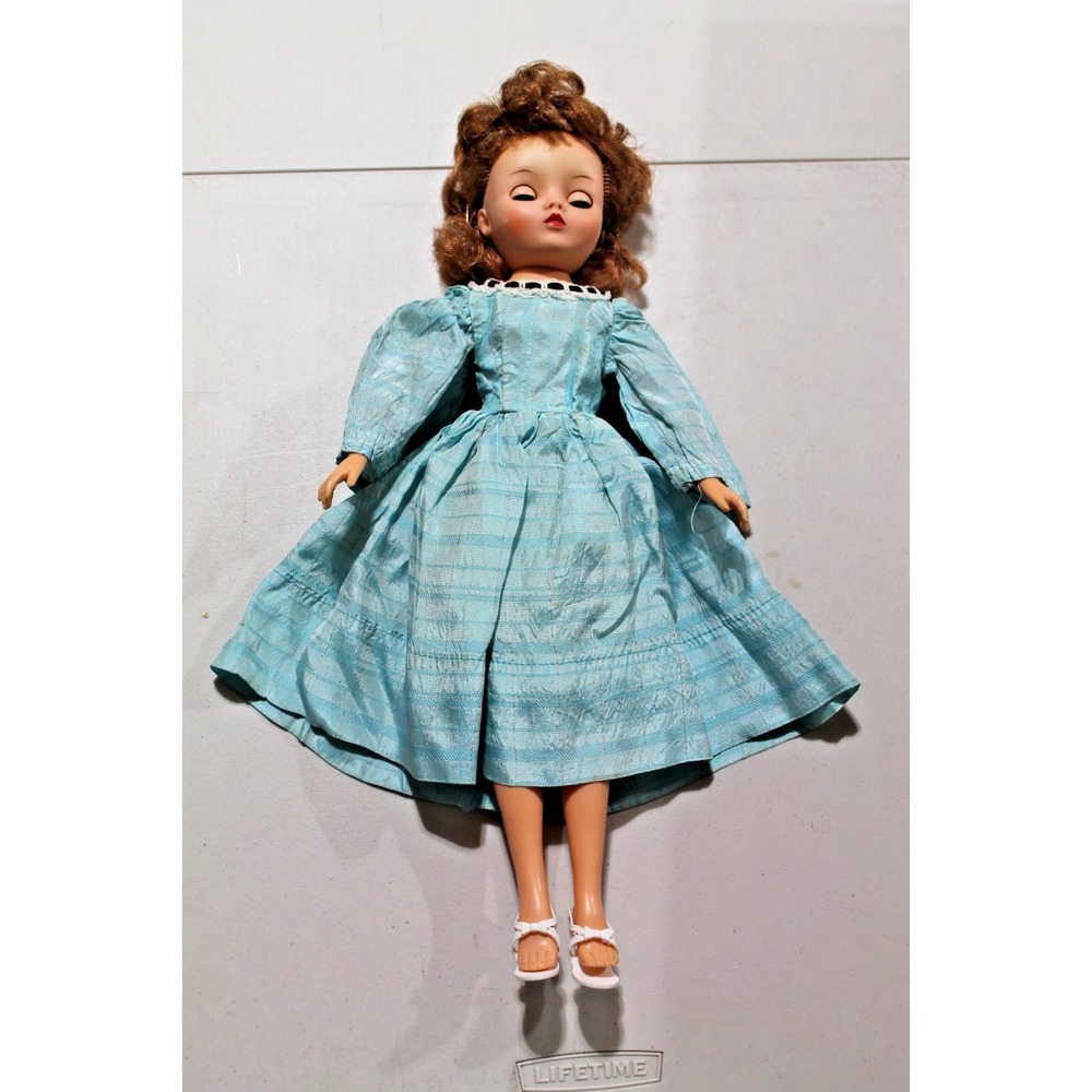 Vintage 1950s 21" Fashion Doll Sleep Eyes Blue Dress Brown Hair Play Condition